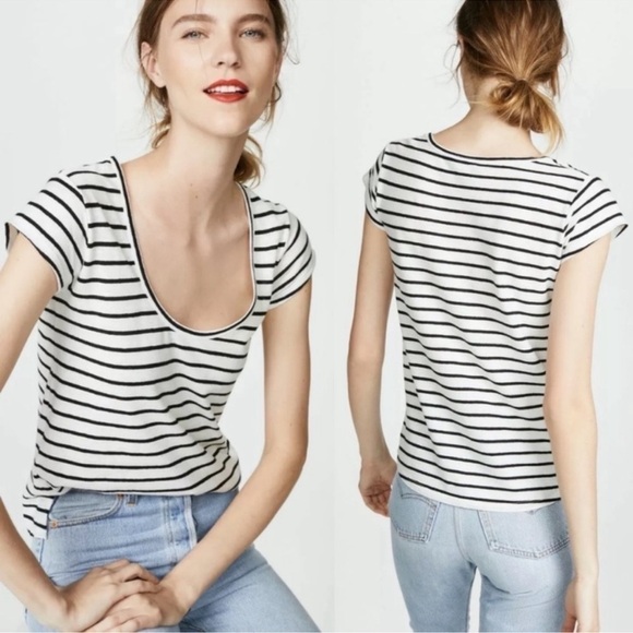 Theory Womens Easy U Navigate Stripe Linen Cotton Scoop Neck Tee Shirt Size M - Picture 1 of 8